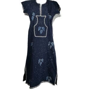 Handmade Navy Blue Thick Bohemian Caftan Embroidered Stitch Leaf Maxi Dress OS